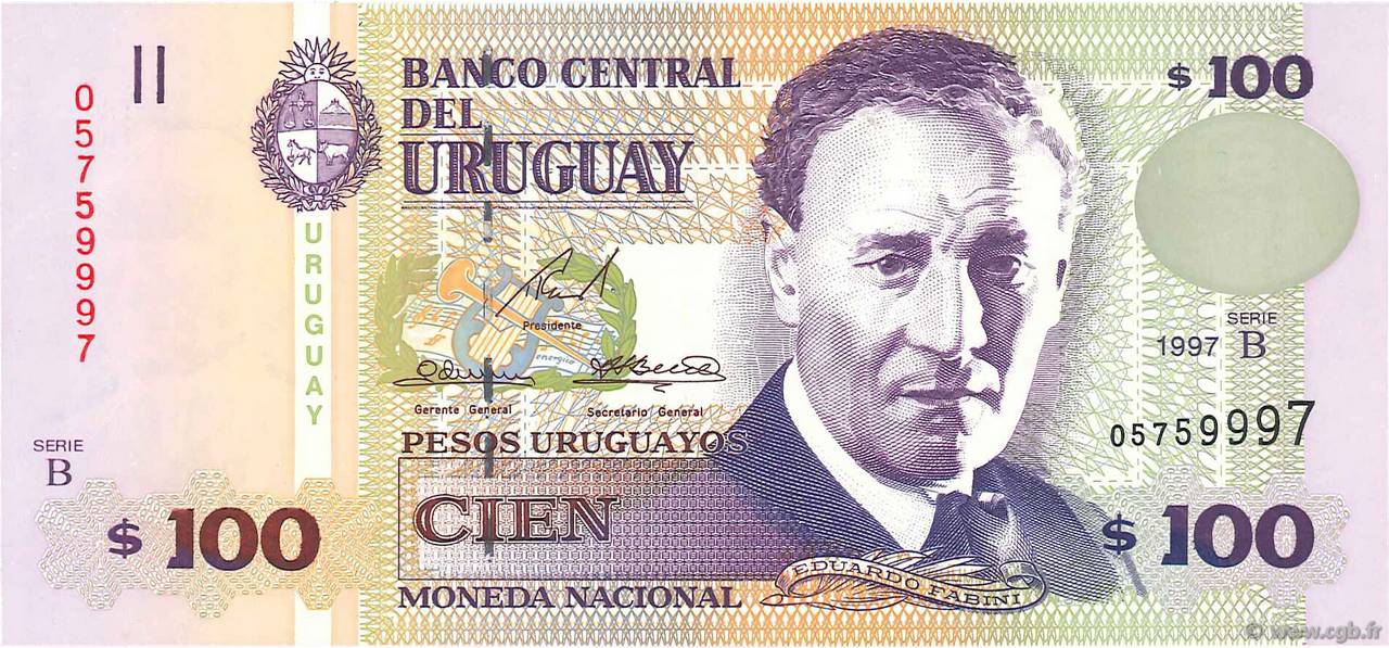 100 Pesos Uruguayos URUGUAY  1997 P.076b AU