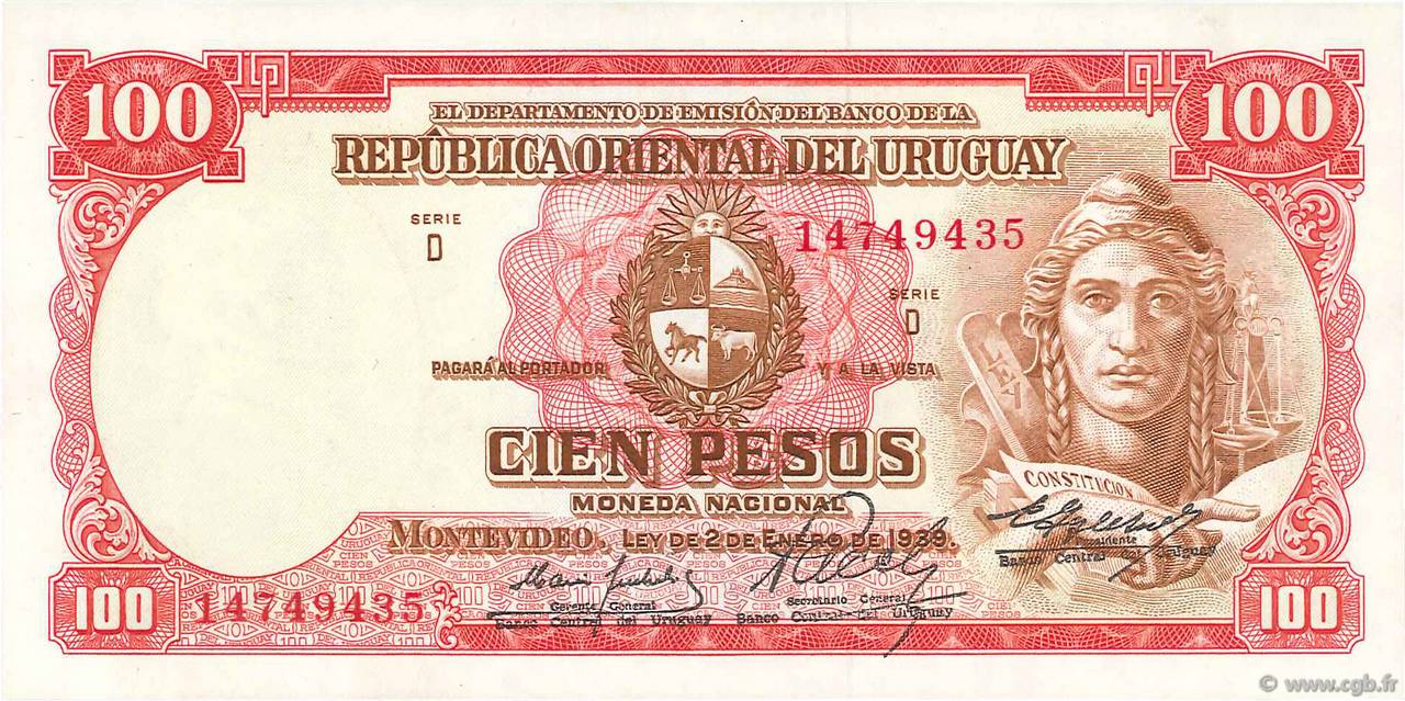 100 Pesos  URUGUAY  1967 P.043a fST
