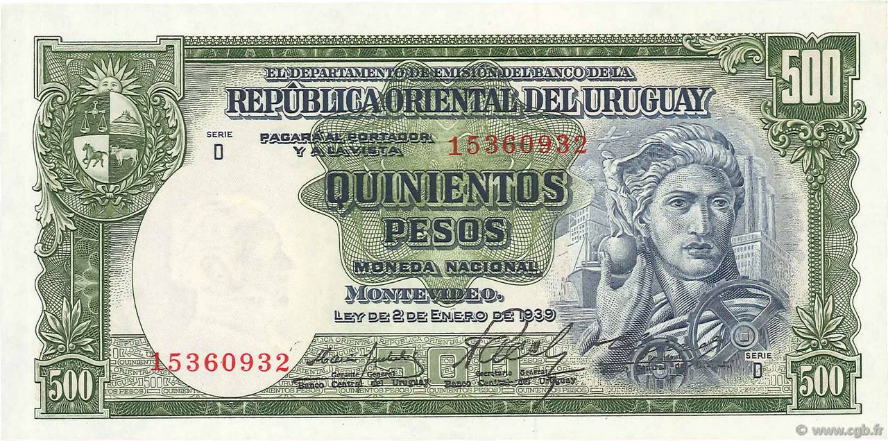 500 Pesos  URUGUAY  1967 P.044b XF+