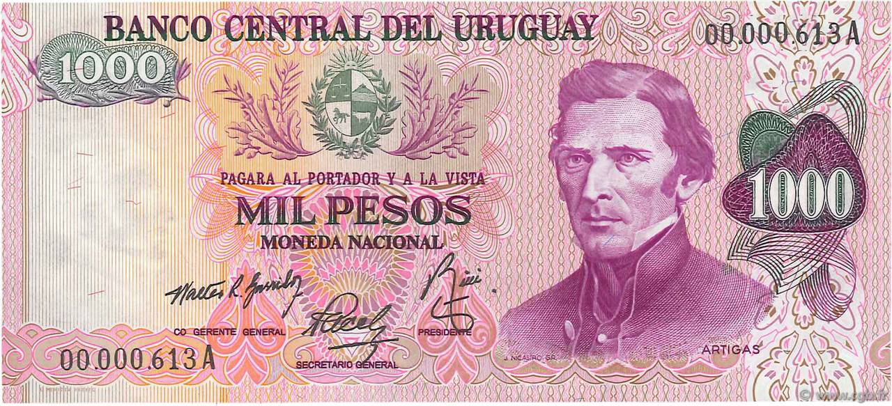 1000 Pesos  Petit numéro URUGUAY  1974 P.052 VZ