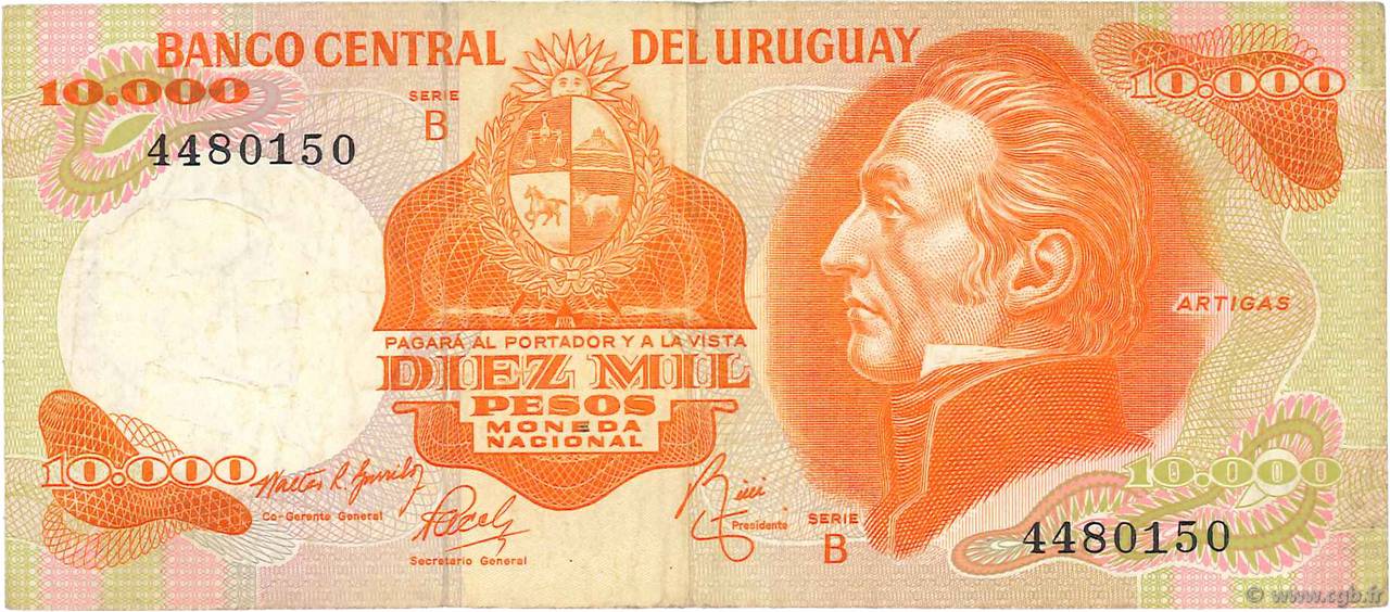 10000 Pesos  URUGUAY  1974 P.053b F