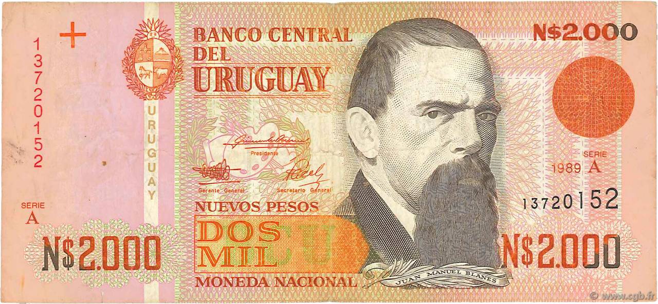 2000 Nuevos Pesos URUGUAY  1989 P.068a F