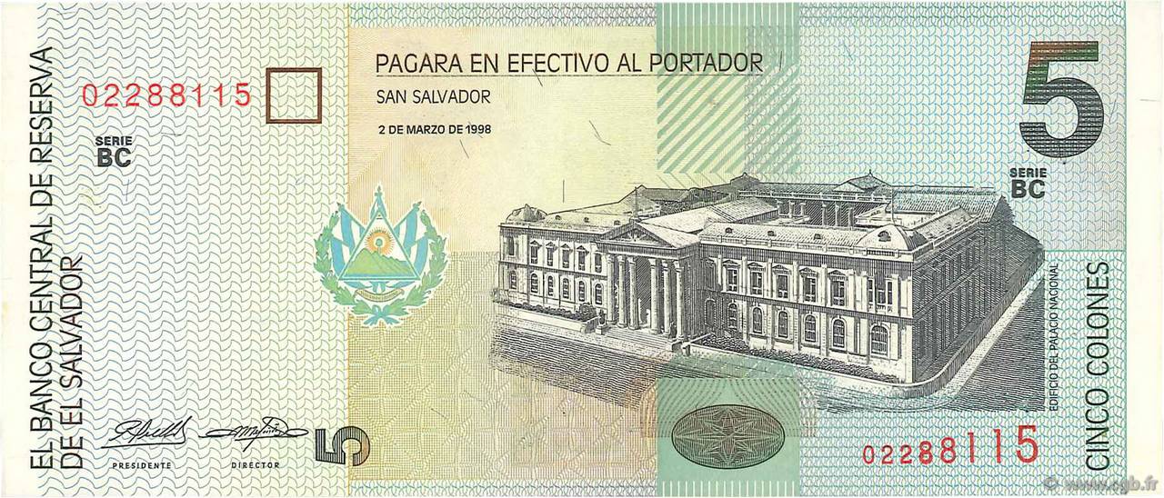 5 Colones EL SALVADOR  1998 P.147b q.SPL