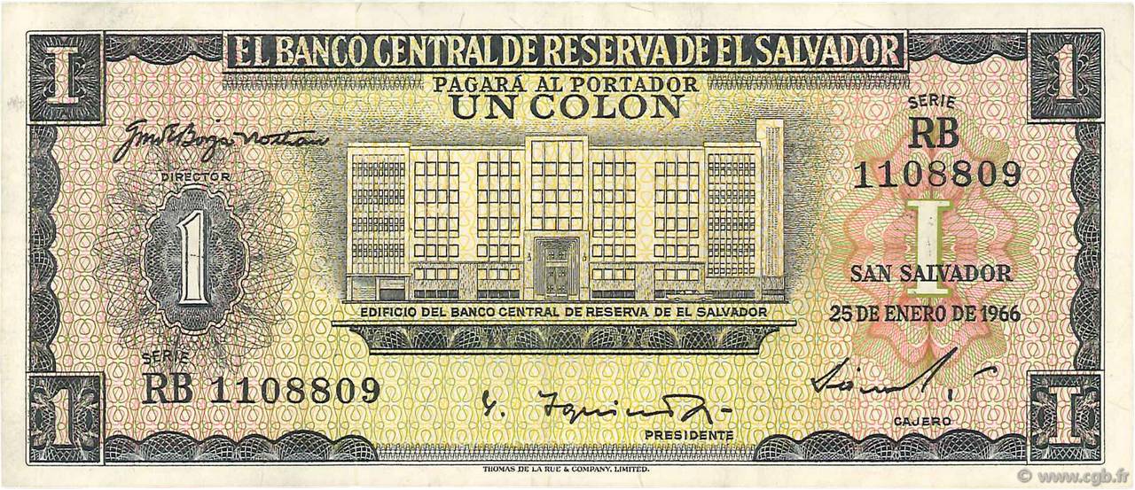 1 Colon EL SALVADOR  1966 P.100a XF