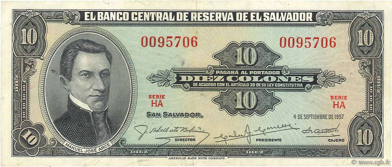 10 Colones EL SALVADOR  1957 P.096a VF