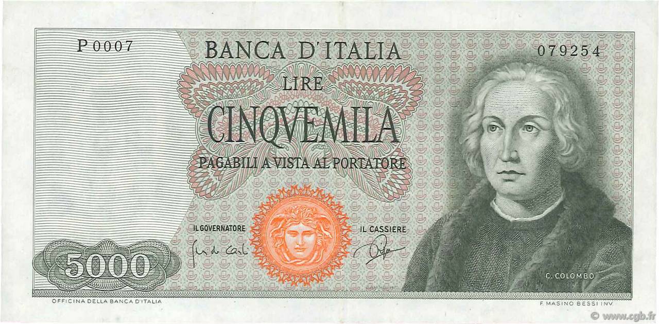 5000 Lire ITALIEN  1964 P.098a fVZ