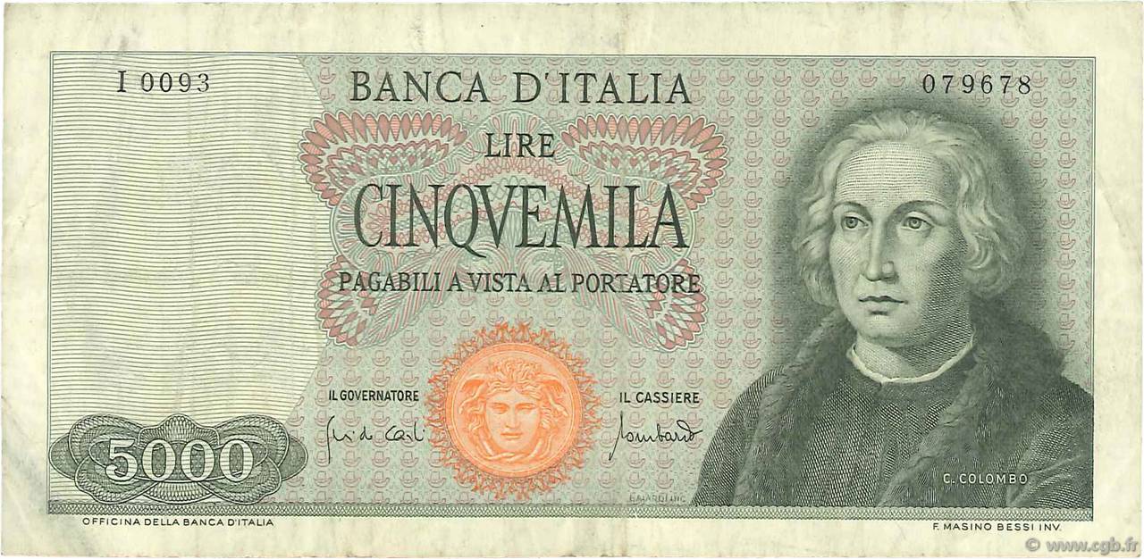 5000 Lire ITALY  1970 P.098c F+