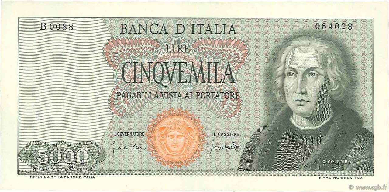 5000 Lire ITALY  1970 P.098c XF+