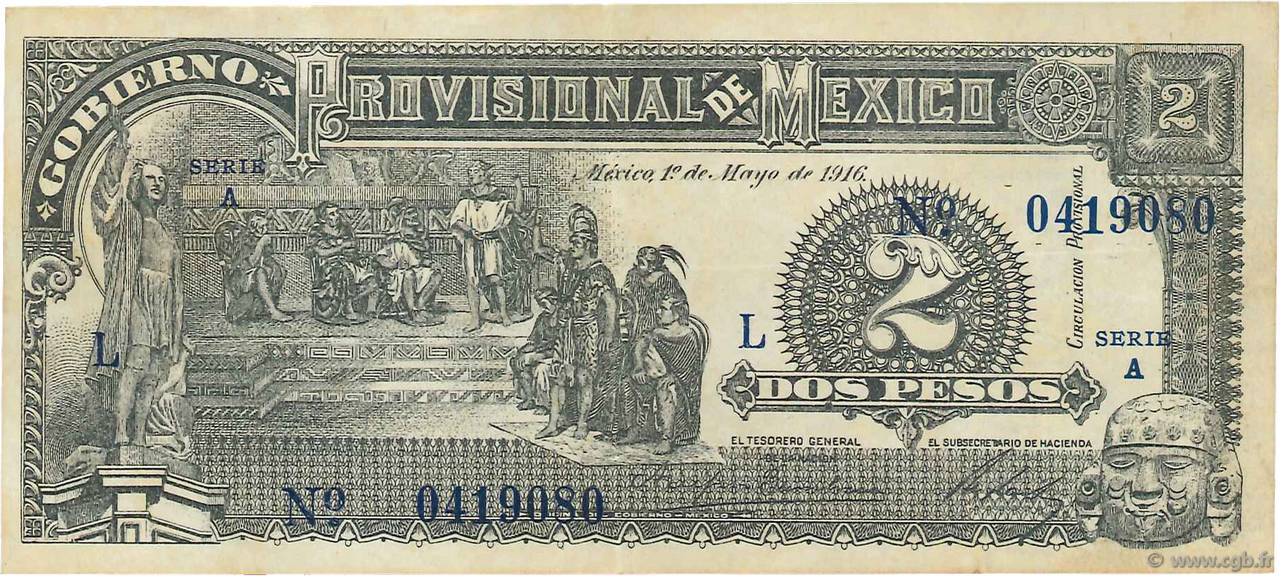 2 Pesos MEXICO  1916 PS.0711 fVZ
