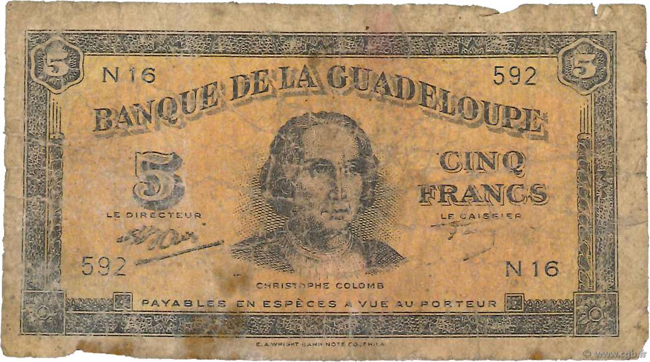 5 Francs GUADELOUPE  1942 P.21b q.B