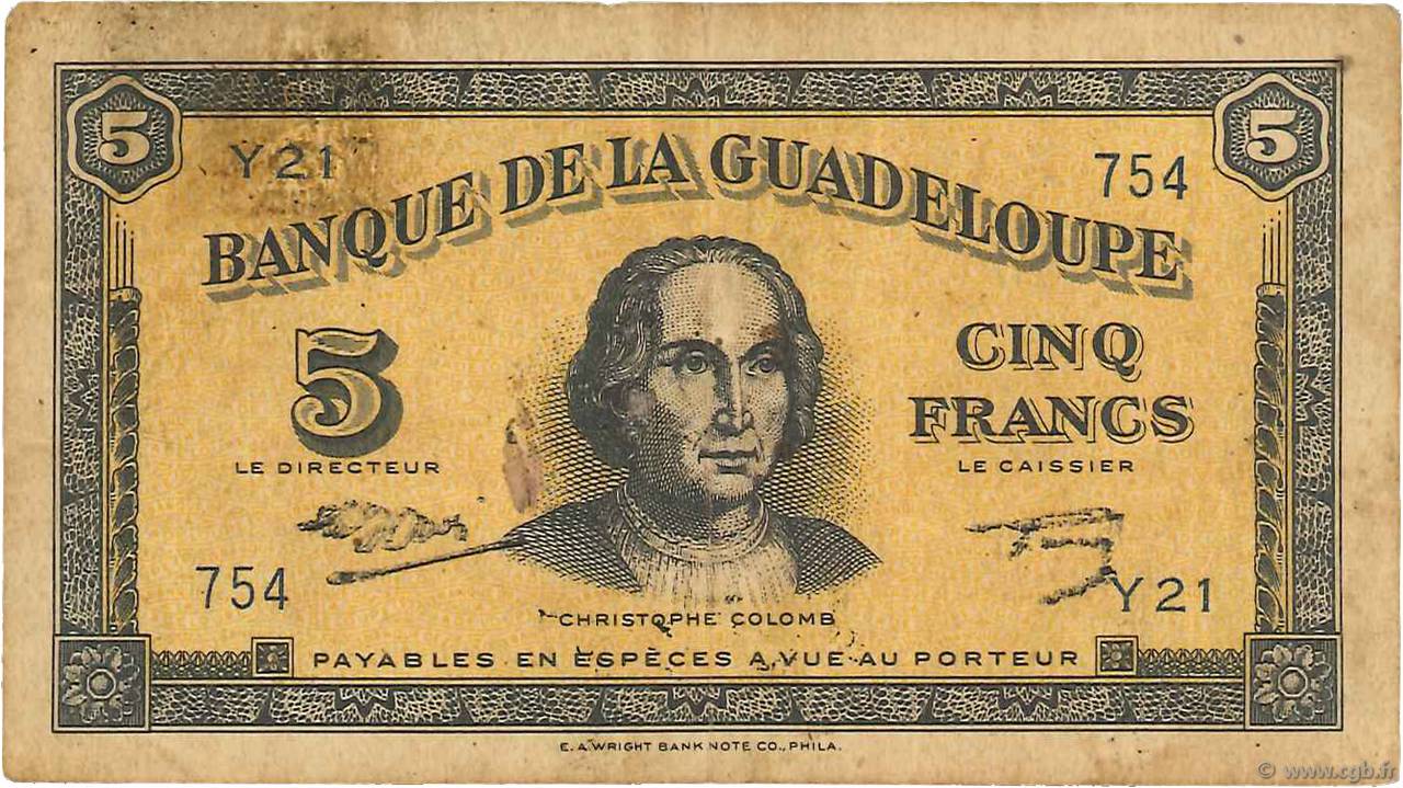 5 Francs GUADELOUPE  1942 P.21b MB