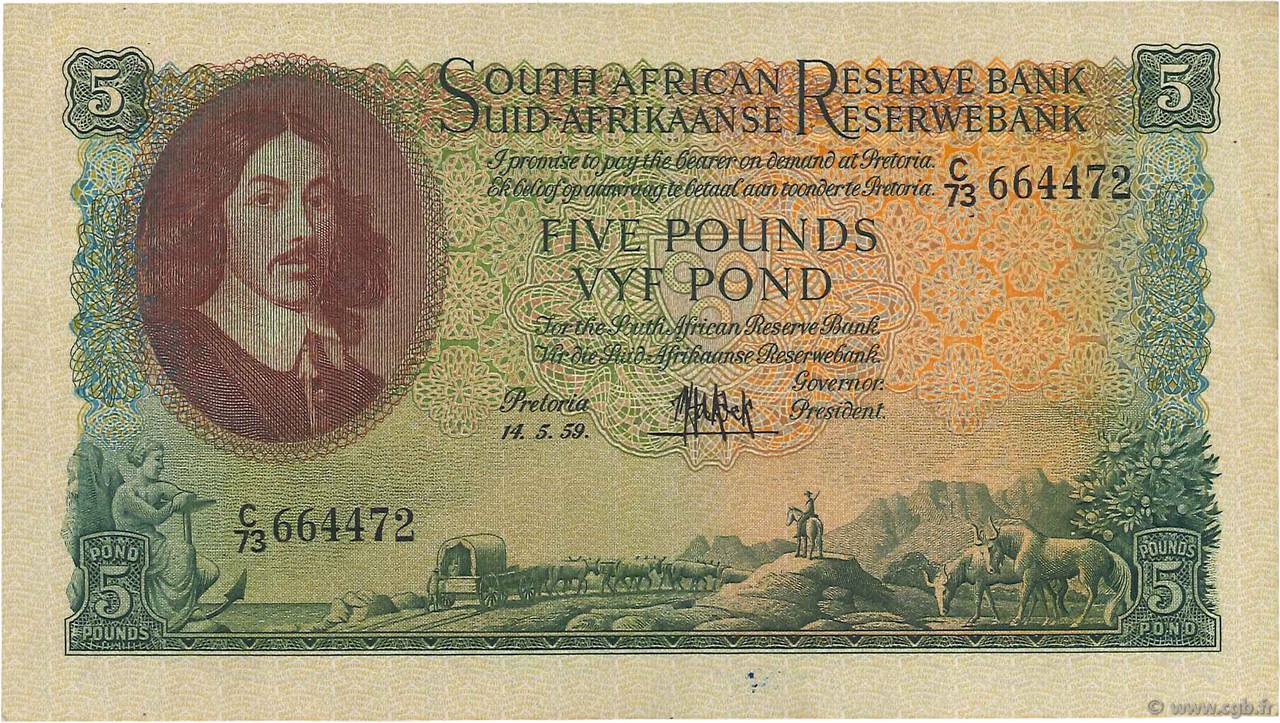 5 Pounds SOUTH AFRICA  1959 P.096c VF+