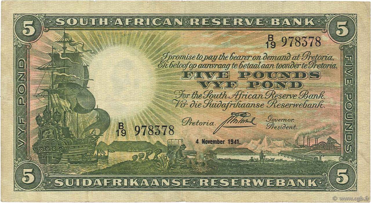 5 Pounds SOUTH AFRICA  1941 P.086b VF-