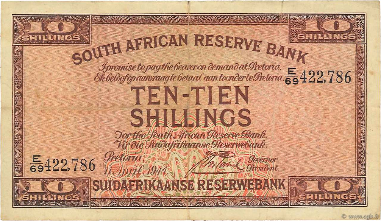 10 Shillings SOUTH AFRICA  1944 P.082d F - VF