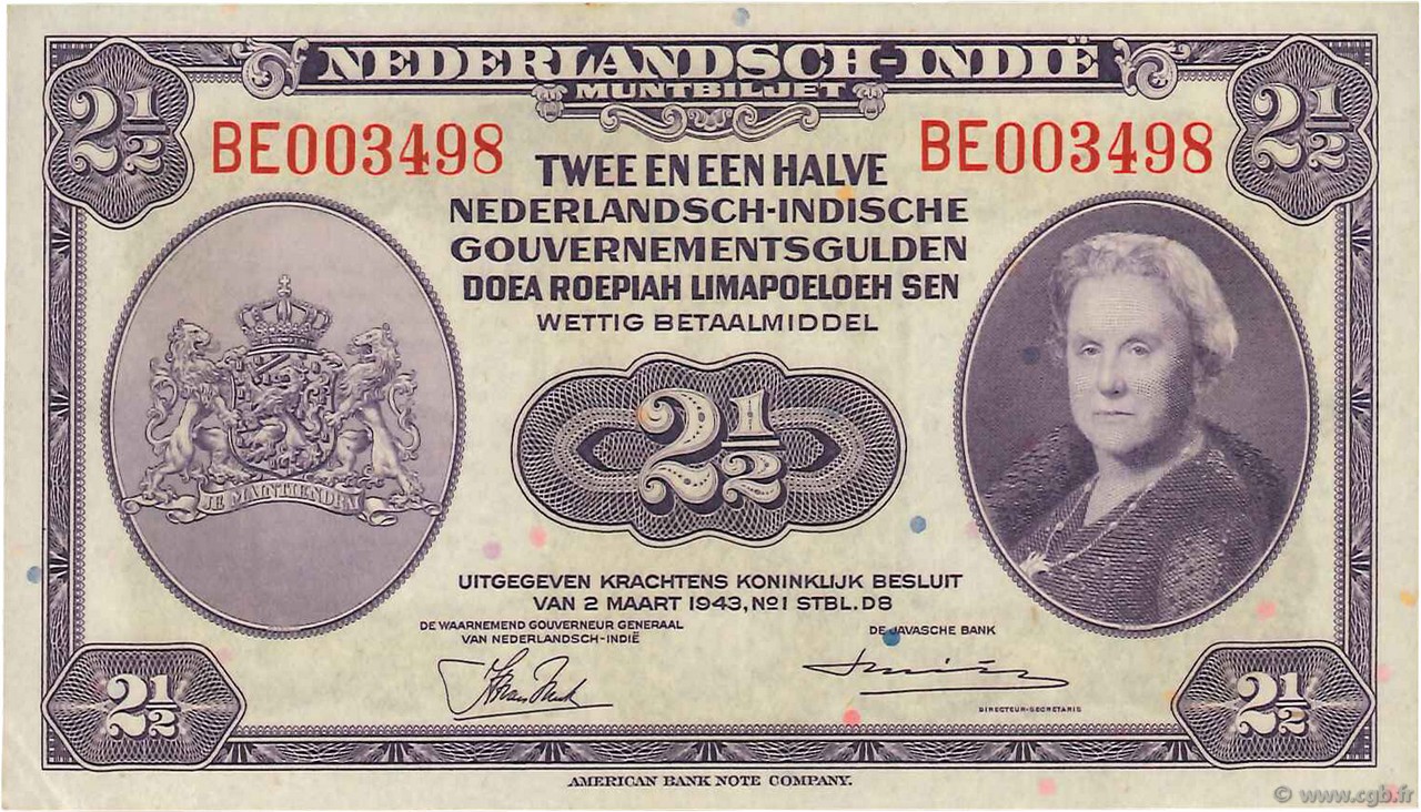 2,5 Gulden NIEDERLÄNDISCH-INDIEN  1943 P.112a fST