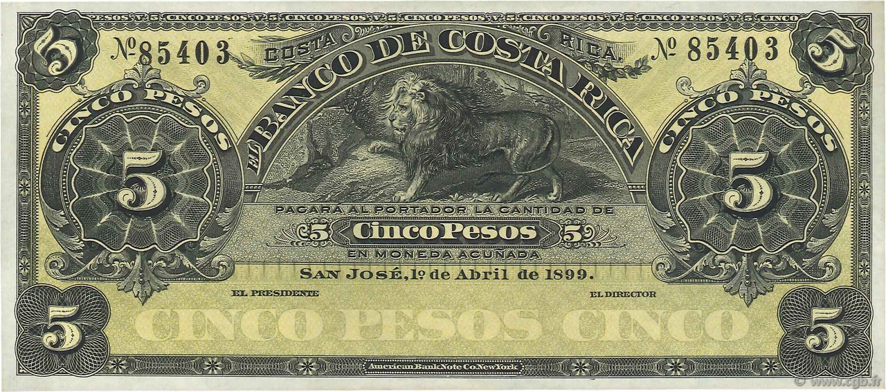 5 Pesos Non émis COSTA RICA  1899 PS.163r1 AU