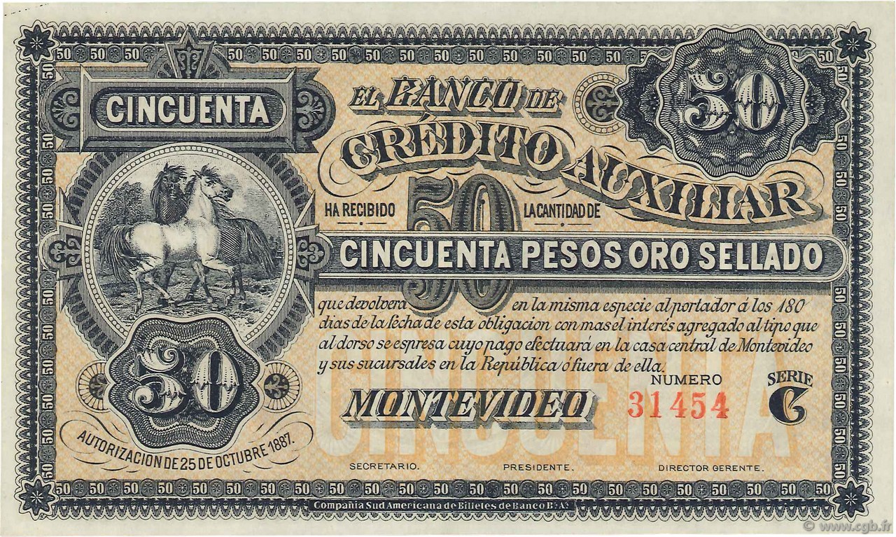 50 Pesos Non émis URUGUAY  1887 PS.165r SPL