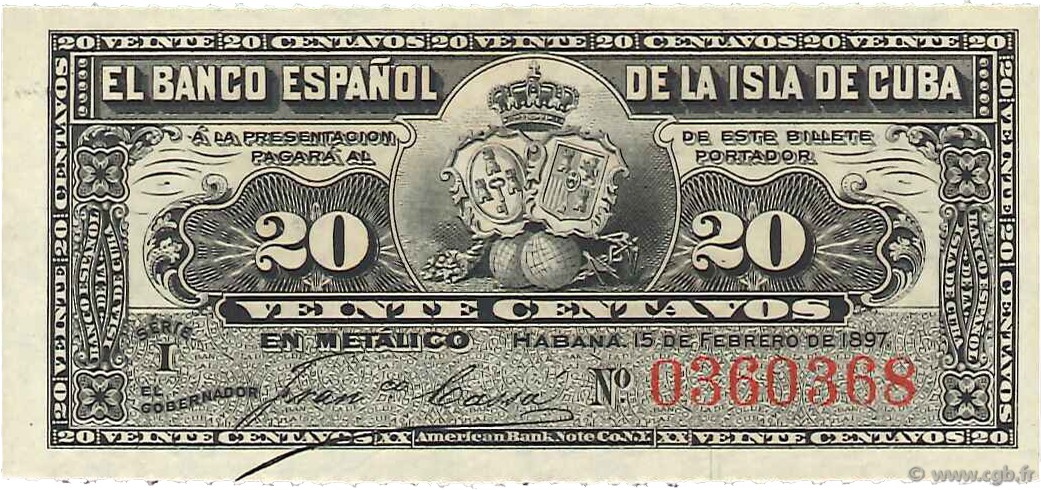 20 Centavos CUBA  1897 P.053a UNC-