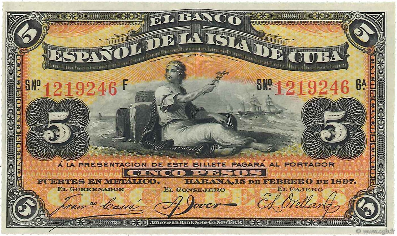 5 Pesos CUBA  1896 P.048c UNC