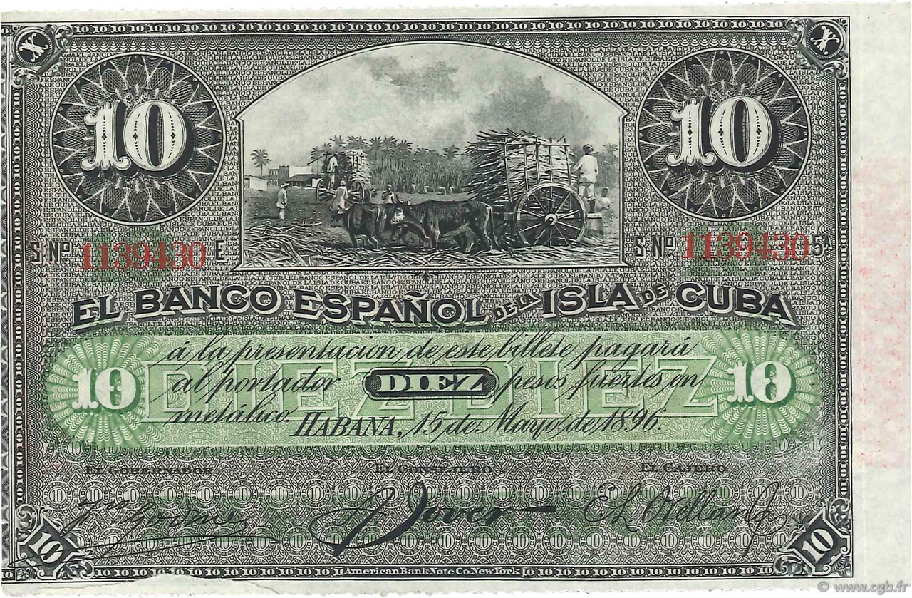 10 Pesos KUBA  1896 P.049d fST+