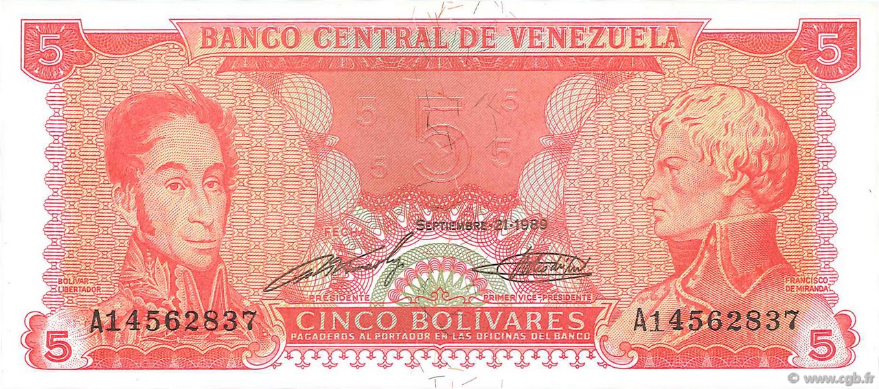 Venezuela 5 Bolivars 1989 UNC 