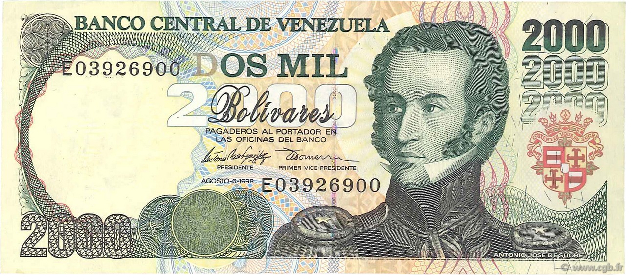 2000 Bolivares VENEZUELA  1998 P.077c MBC