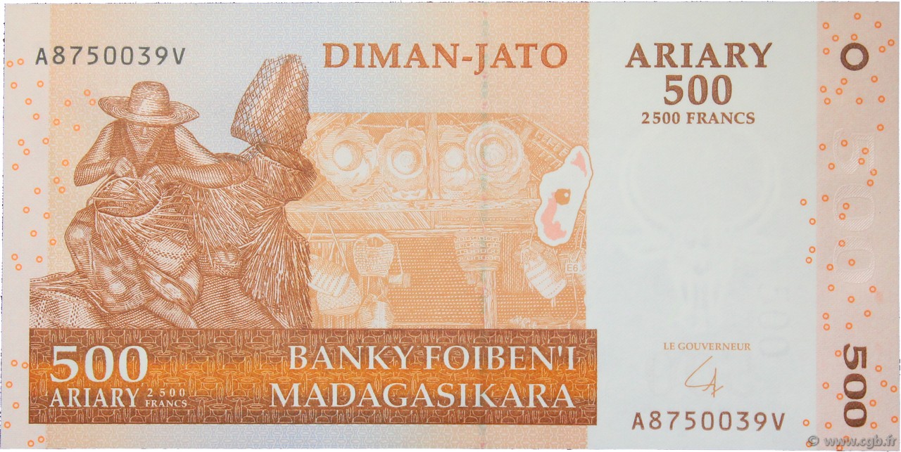2500 Francs - 500 Ariary MADAGASCAR  2014 P.088b UNC