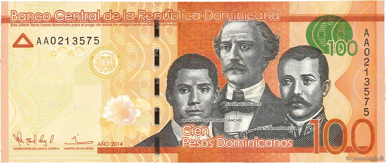 100 Pesos Dominicanos RÉPUBLIQUE DOMINICAINE  2014 P.190a FDC