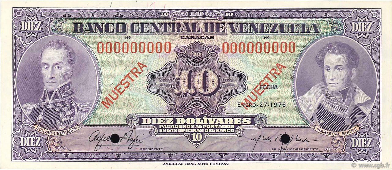 10 Bolivares Spécimen VENEZUELA  1976 P.051s2 ST