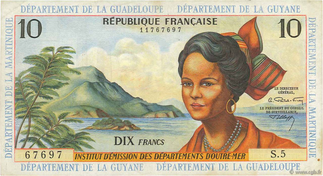 10 Francs FRENCH ANTILLES  1964 P.08b BB
