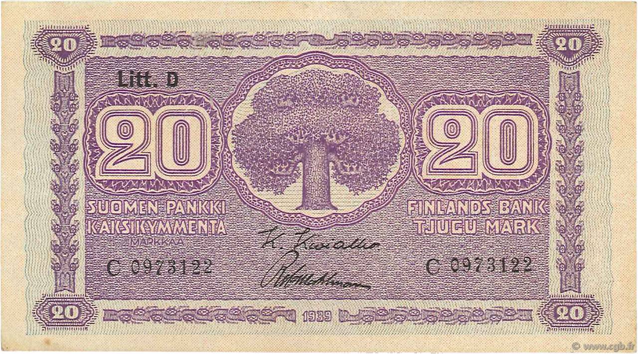 20 Markkaa FINLAND  1939 P.071a VF+