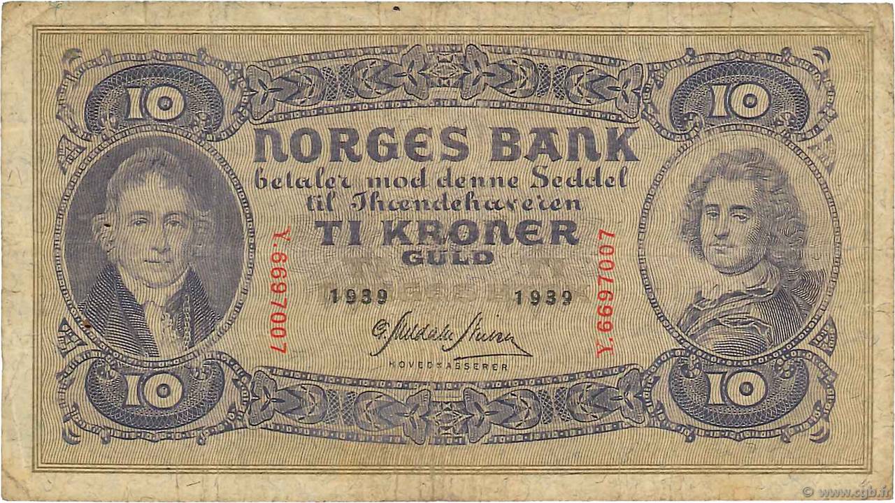 10 Kroner NORVÈGE  1939 P.08c G