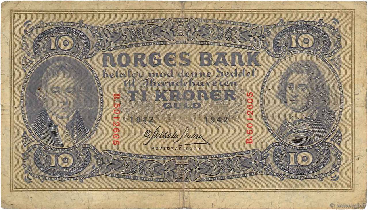 10 Kroner NORVÈGE  1942 P.08c SGE