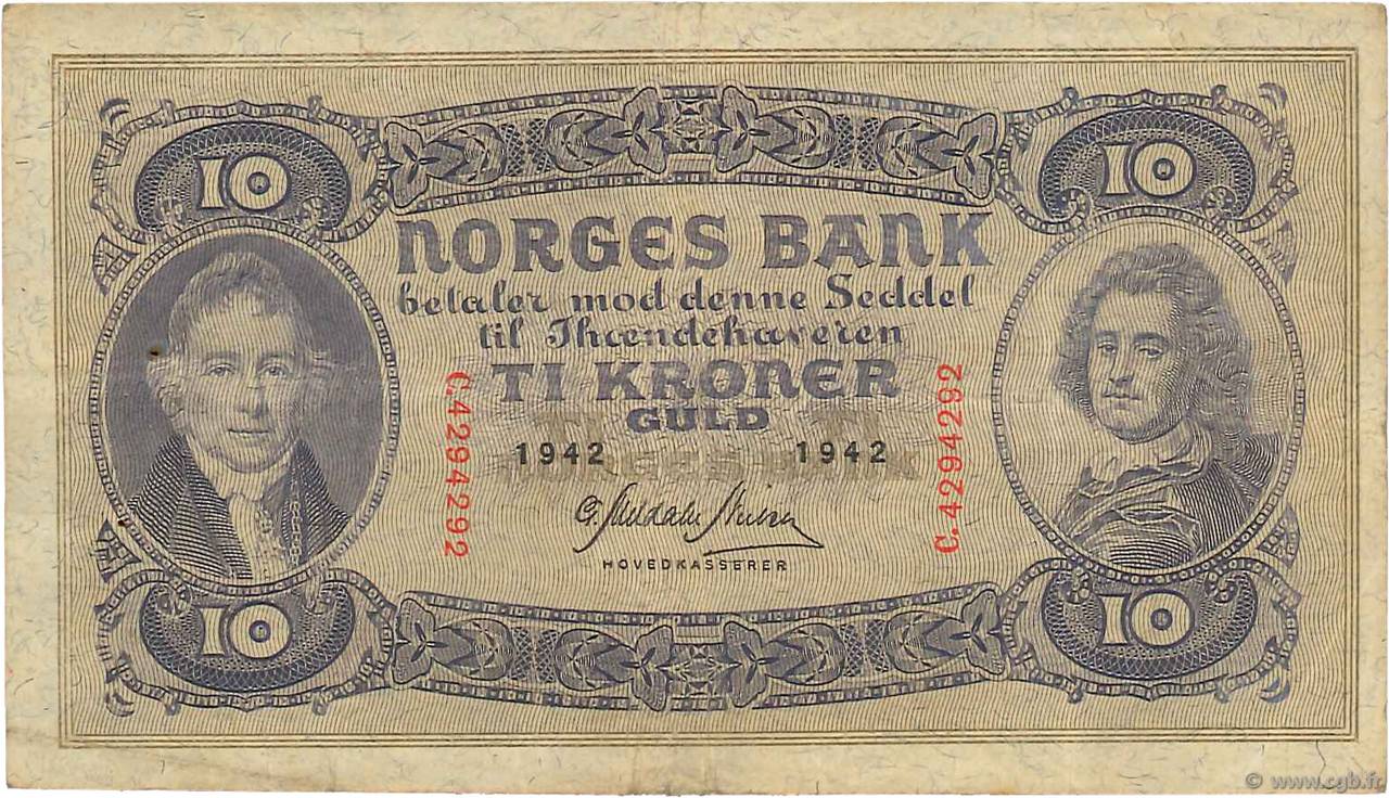 10 Kroner NORVÈGE  1942 P.08c MB