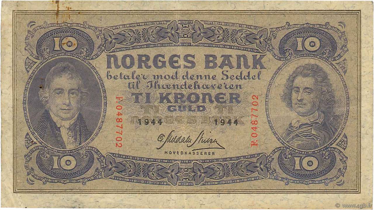 10 Kroner NORVÈGE  1944 P.08c SS