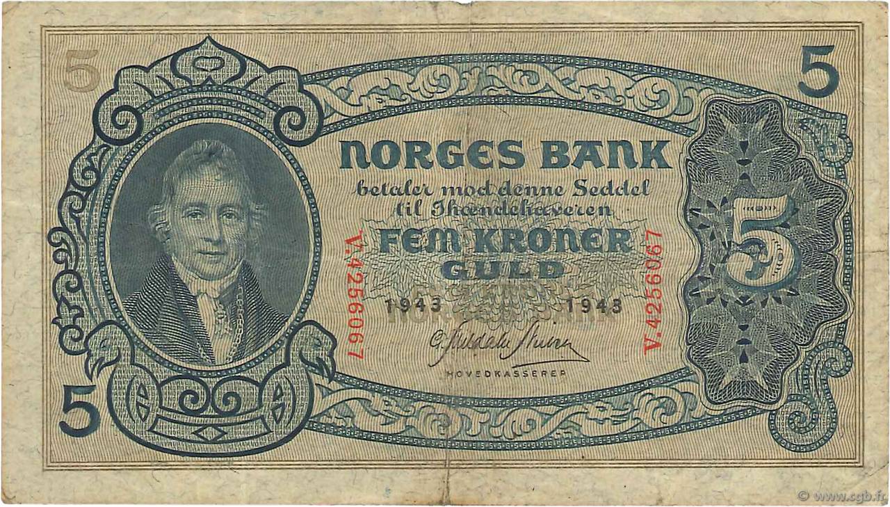 5 Kroner NORVÈGE  1943 P.07c TB