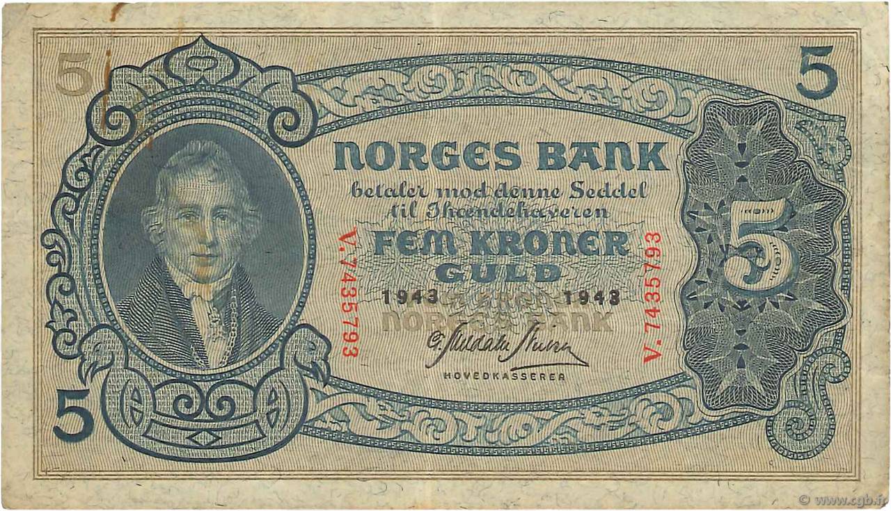 5 Kroner NORVÈGE  1943 P.07c BC+