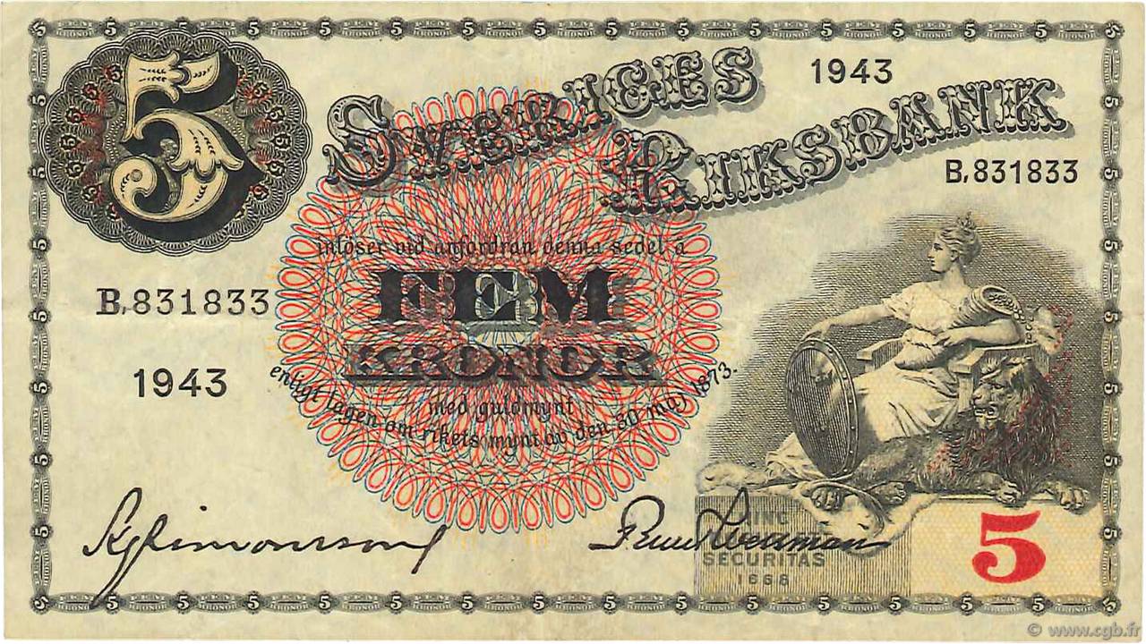 5 Kronor SWEDEN  1943 P.33z VF
