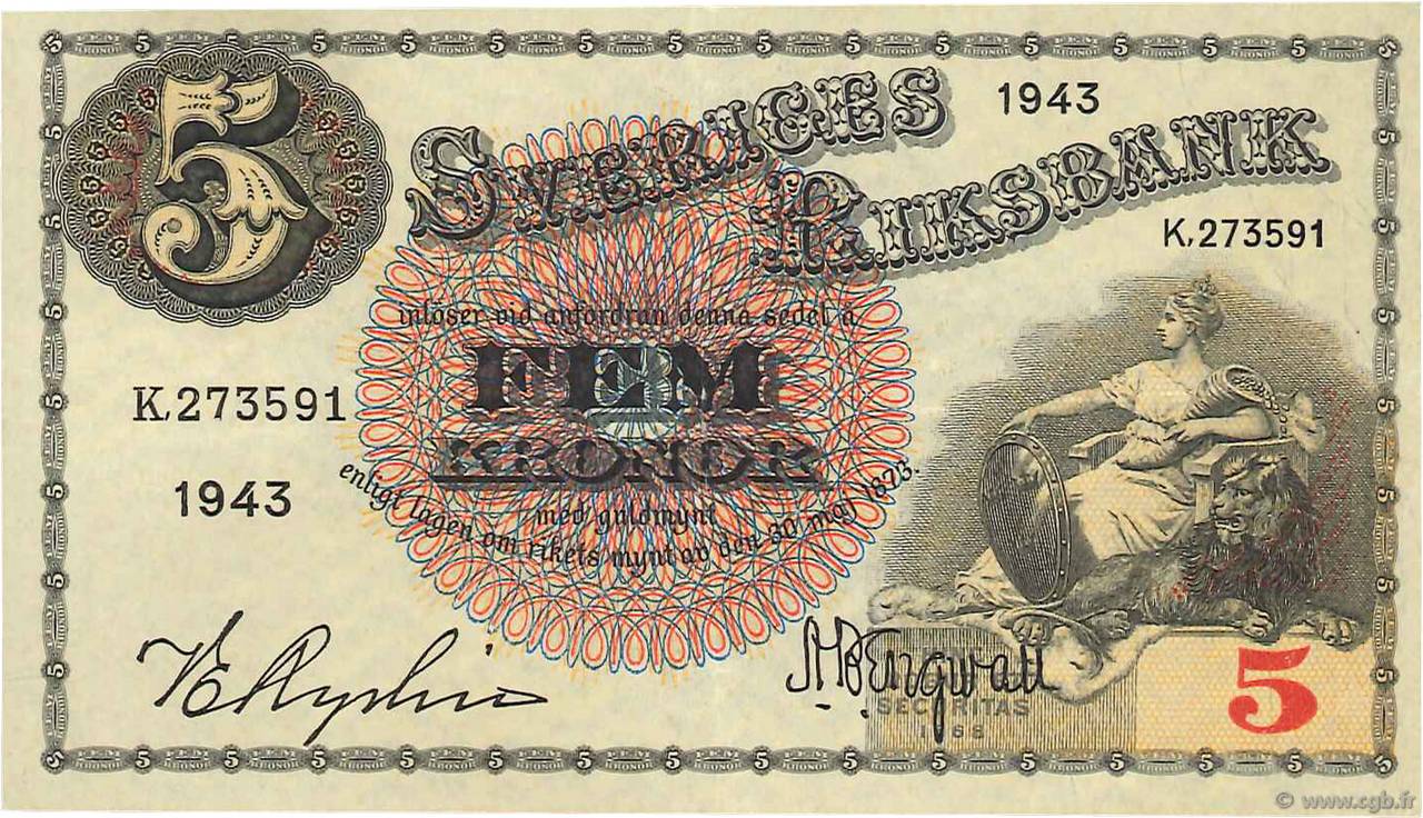 5 Kronor SUÈDE  1943 P.33z XF