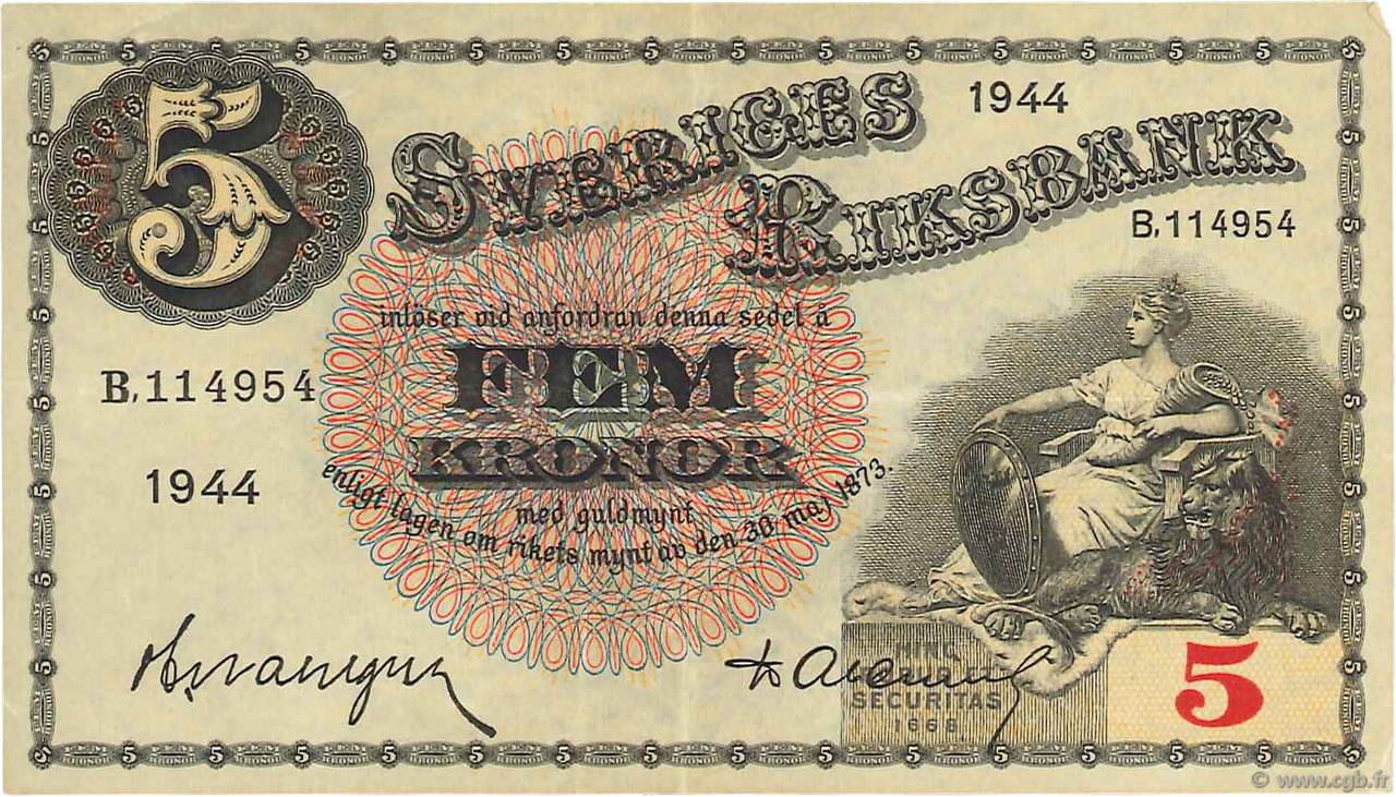5 Kronor SUÈDE  1944 P.33aa TTB