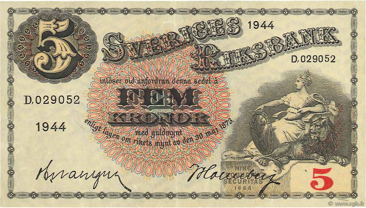 5 Kronor SWEDEN  1944 P.33aa VF