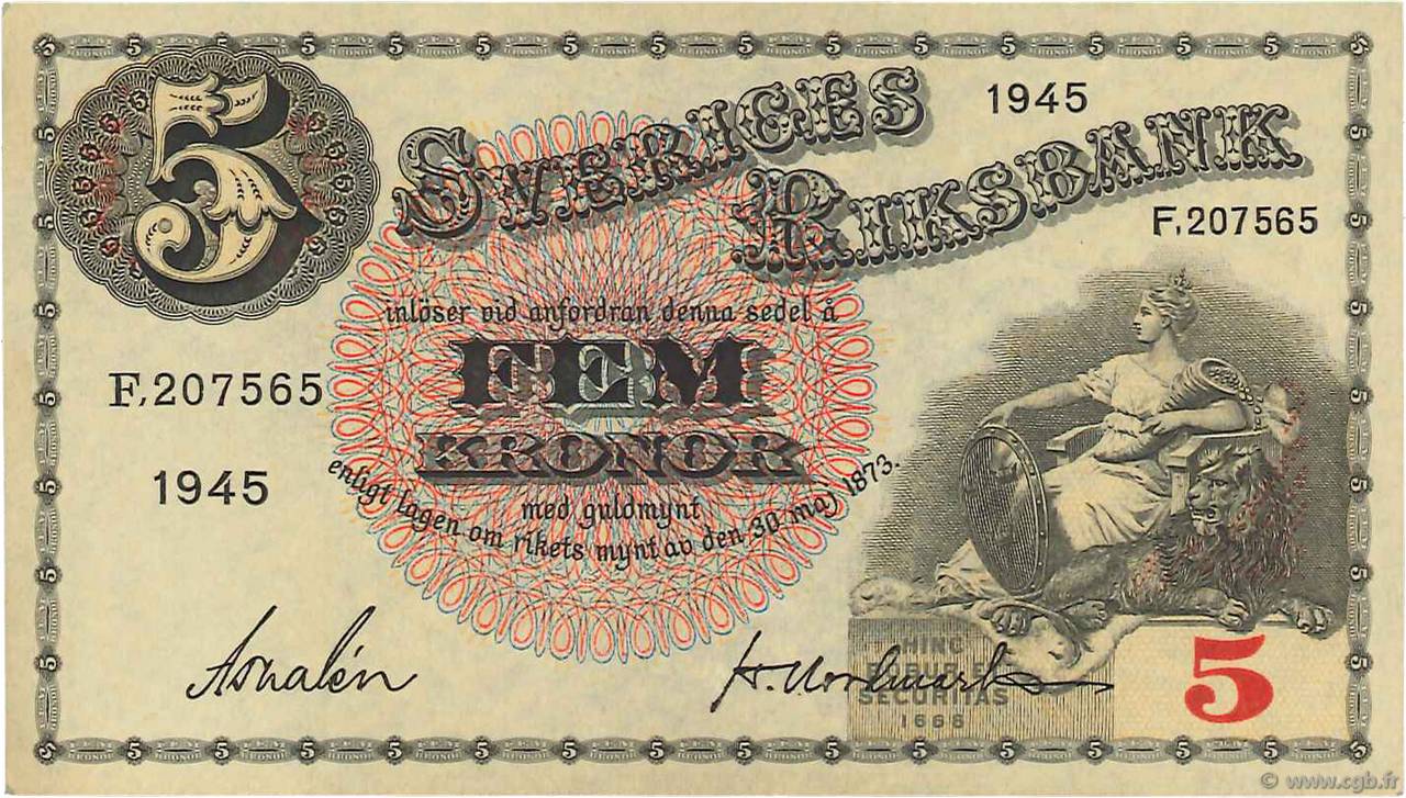5 Kronor SWEDEN  1945 P.33ab AU