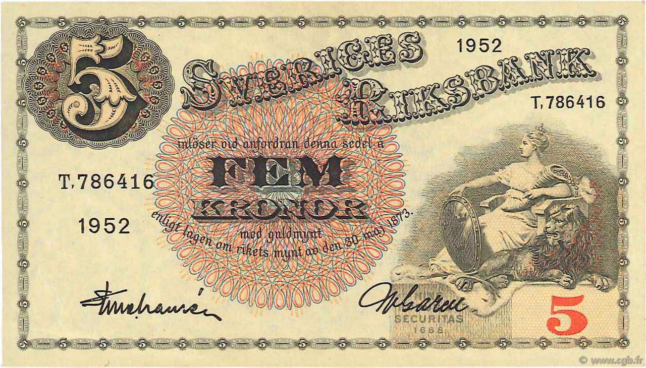5 Kronor SUÈDE  1952 P.33ai AU