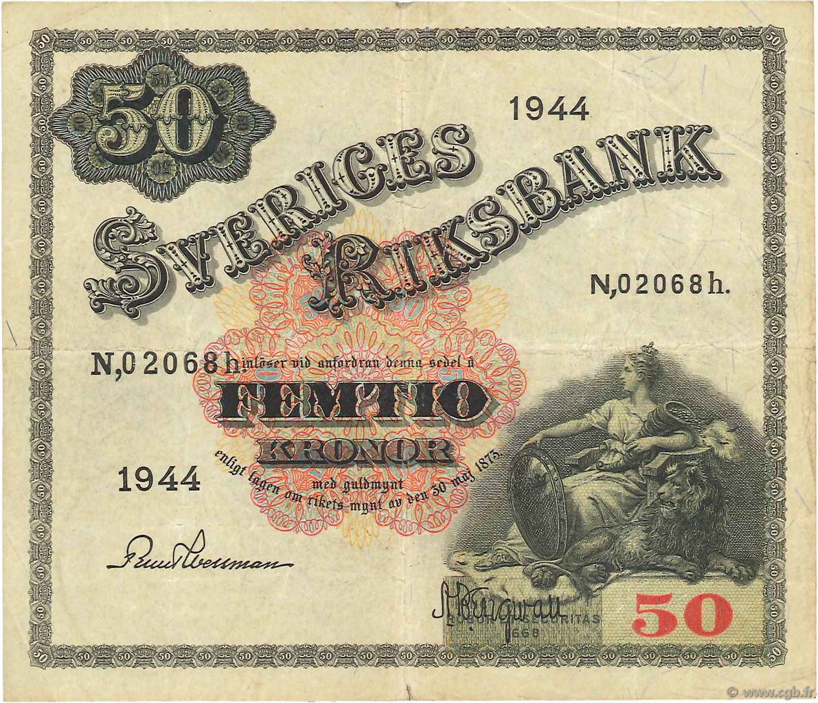 50 Kronor SUÈDE  1944 P.35z MB