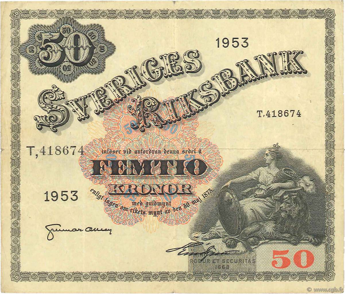 50 Kronor SUÈDE  1953 P.35af MB