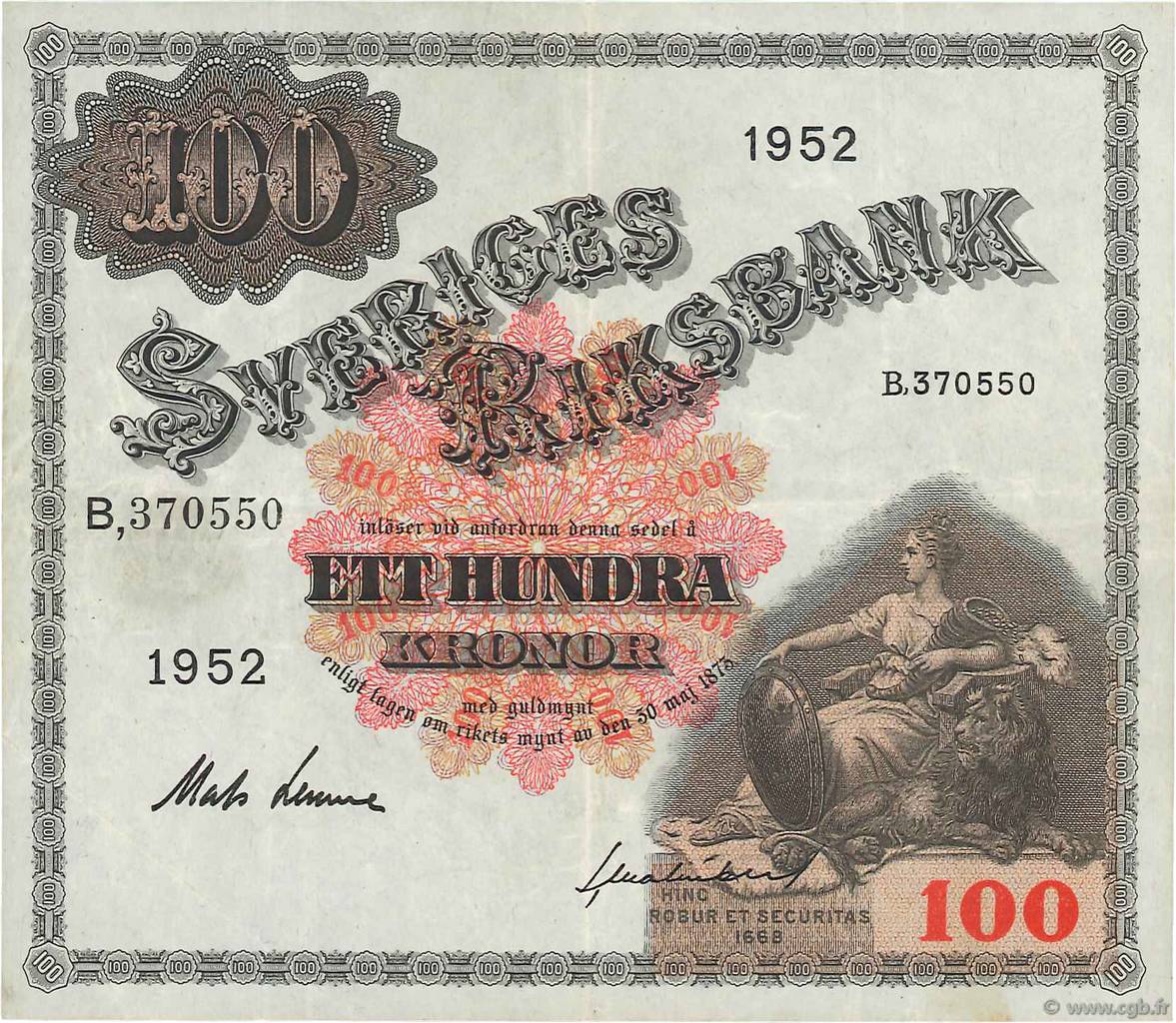 100 Kronor SWEDEN  1952 P.36ah VF-