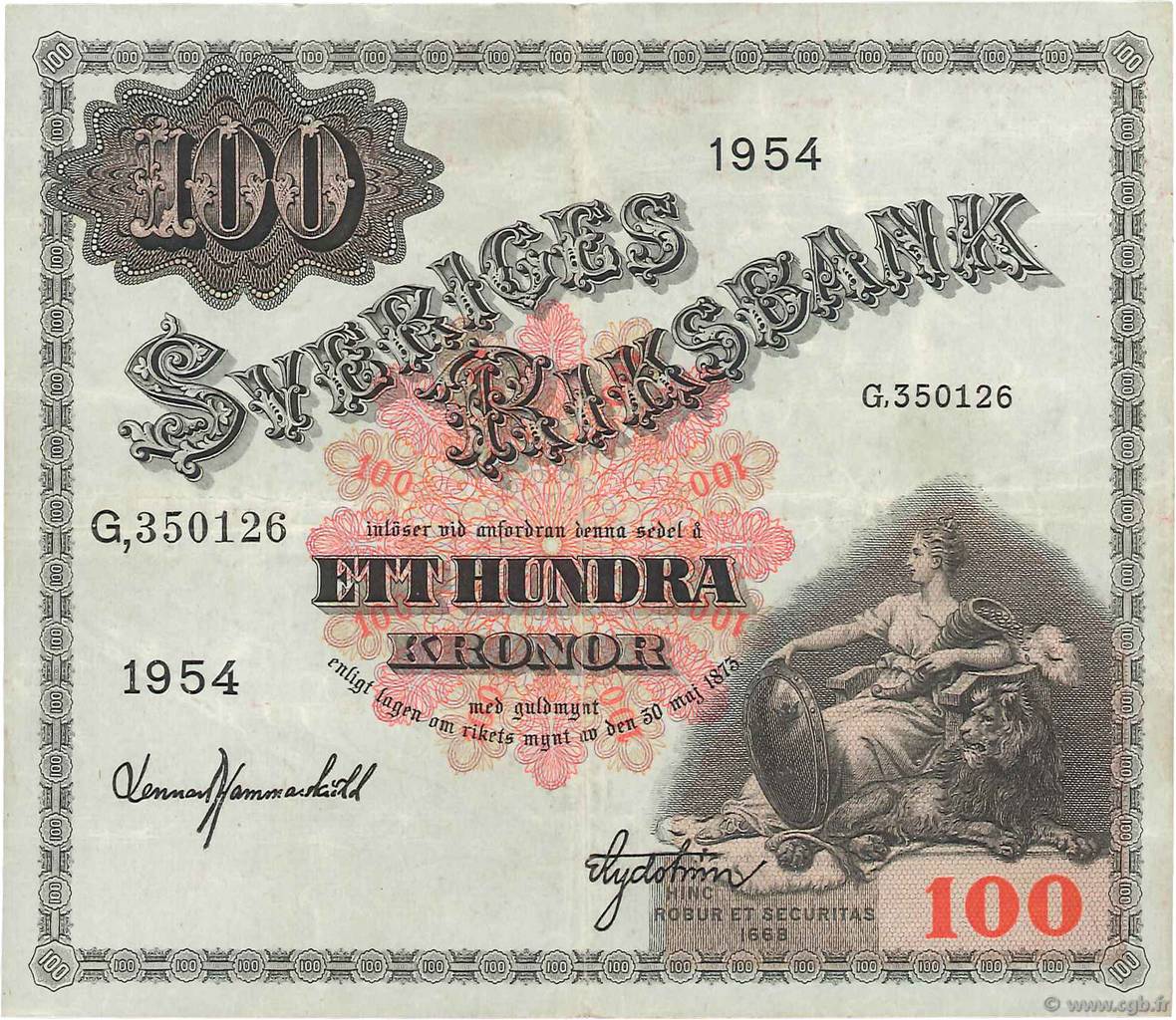 100 Kronor SUÈDE  1953 P.36aj fSS