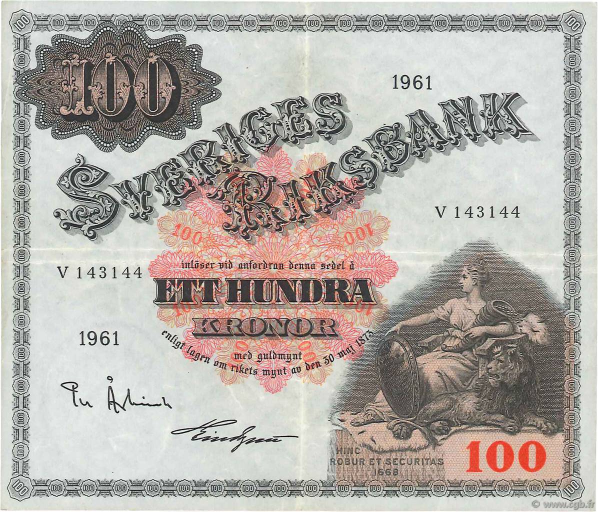 100 Kronor SWEDEN  1961 P.48c VF