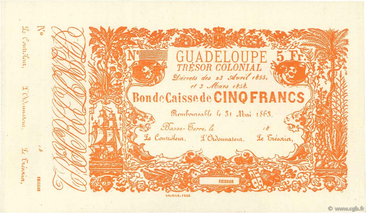 5 Francs Faux GUADELOUPE  1858 P.A15 SC+