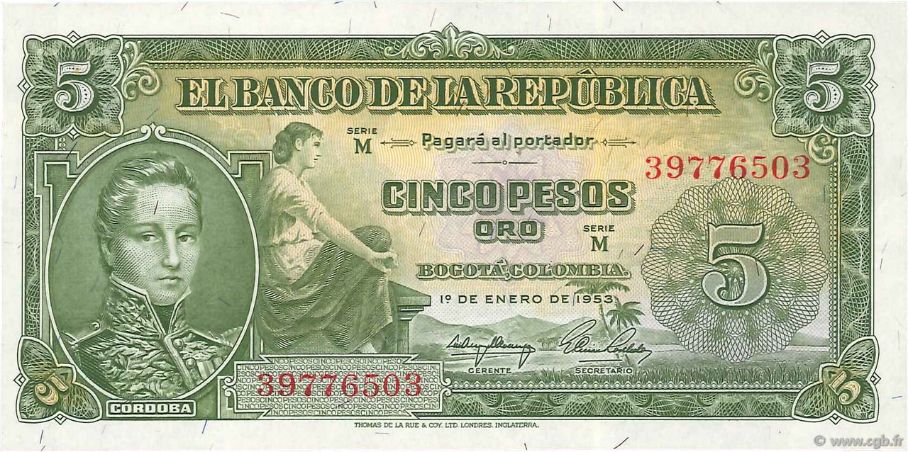 5 Pesos Oro KOLUMBIEN  1953 P.399a fST+
